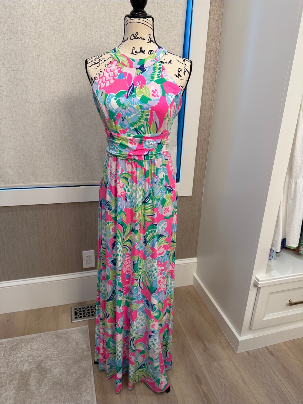 Lilly Pulitzer Pink and Green Floral Halter Maxi Dress